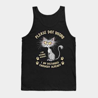 A whimsical cartoon drawing of a disheveled cat, with its fur sticking out in all directions and large yellow eyes showing irritation. (6) Tank Top